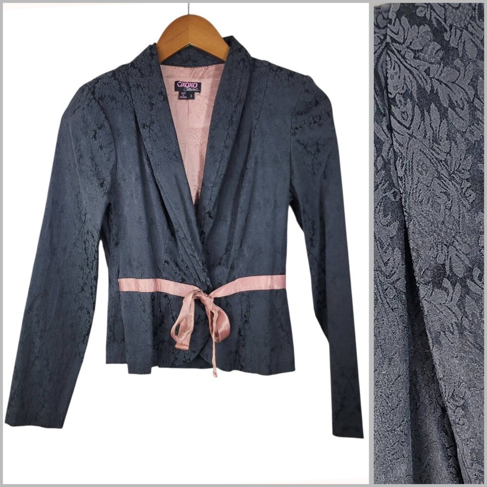 Vintage Fitted Blazer Jacket 90s Y2k Size 2 Charcoal Black Jacquard Pink Ribbon